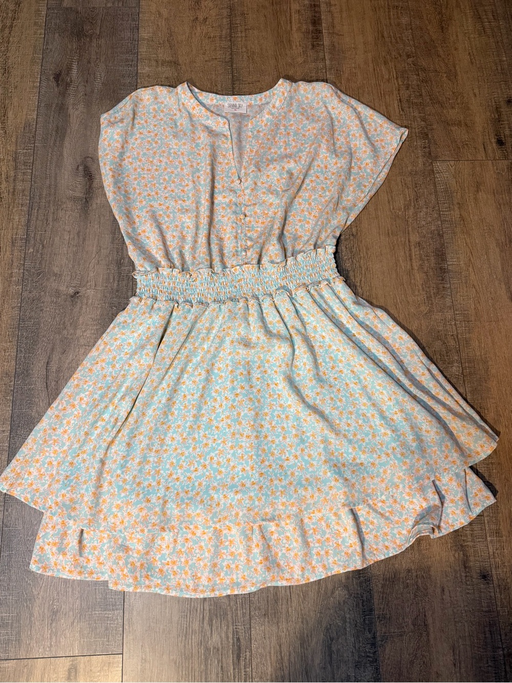 Sienna Sky Light Blue & Orange Floral Smocked-Waist Mini Dress